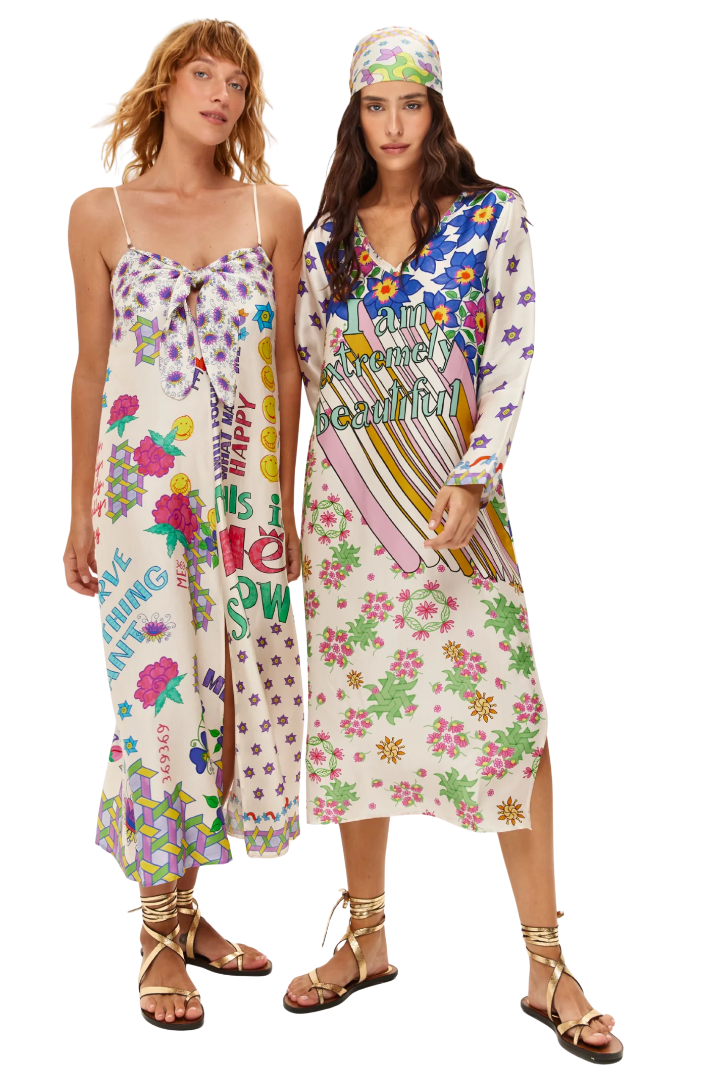 Two models wearing colorful Me369 Eli Markers Stripeless Dress by Me369 shop the brand at Dotique