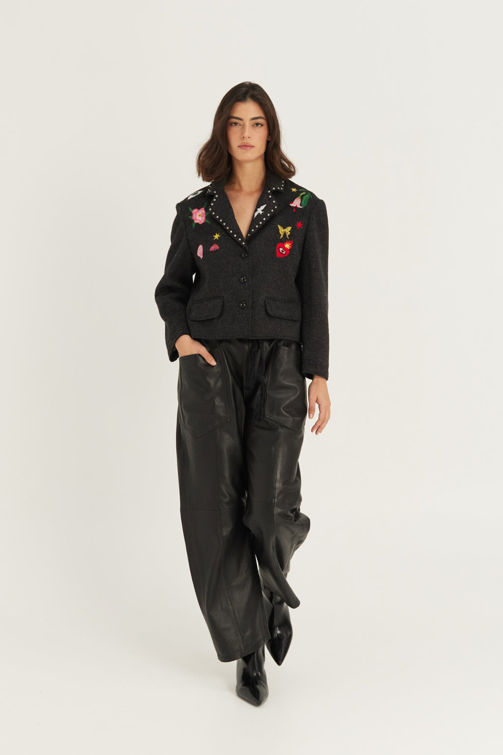 Shop the ME369 Heven Short Embroidered Jacket in Dark Grey at Dotique. A beautifully detailed cropped jacket with embroidered accents and a versatile relaxed fit.