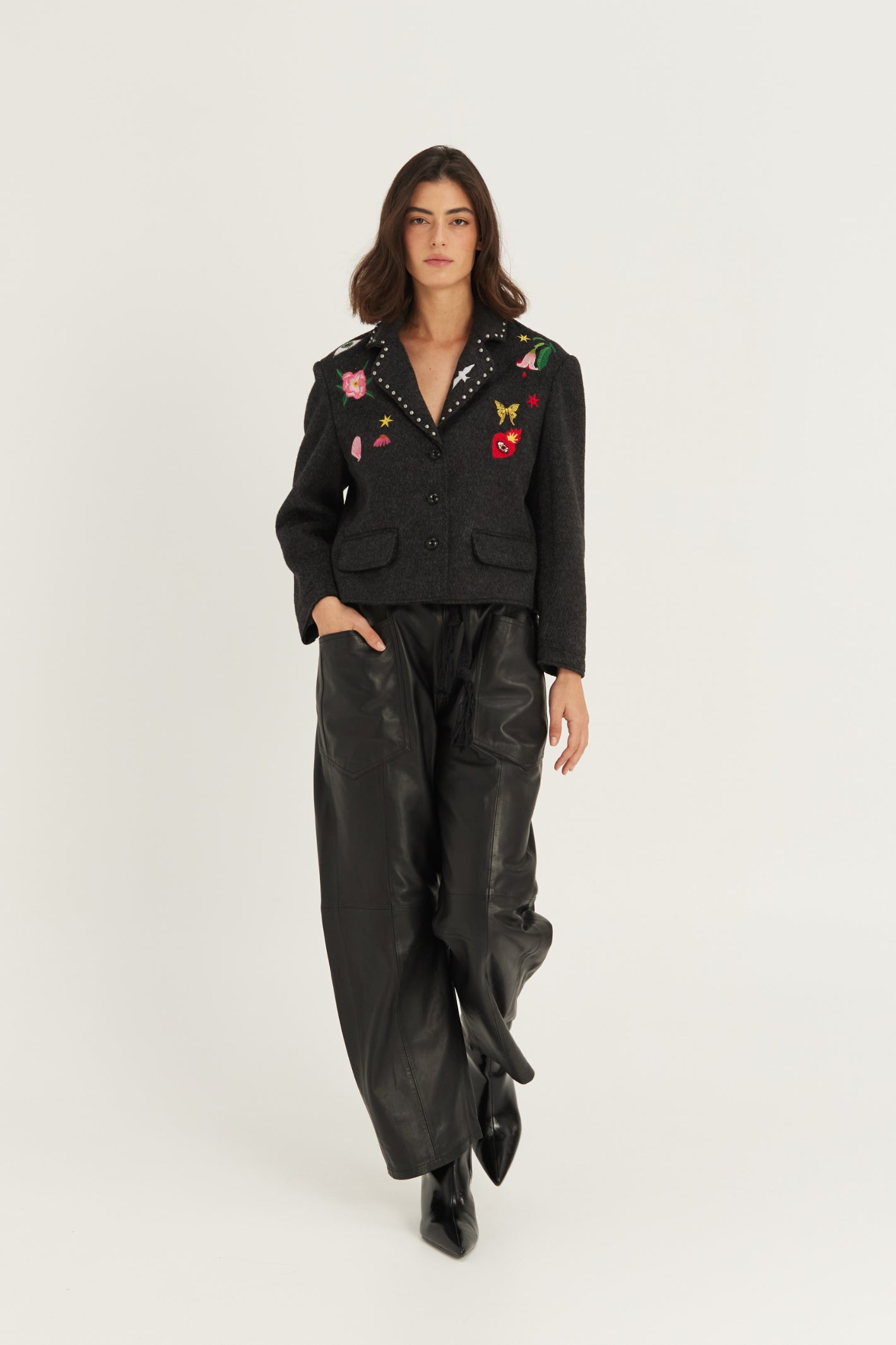 Shop the ME369 Heven Short Embroidered Jacket in Dark Grey at Dotique. A beautifully detailed cropped jacket with embroidered accents and a versatile relaxed fit.