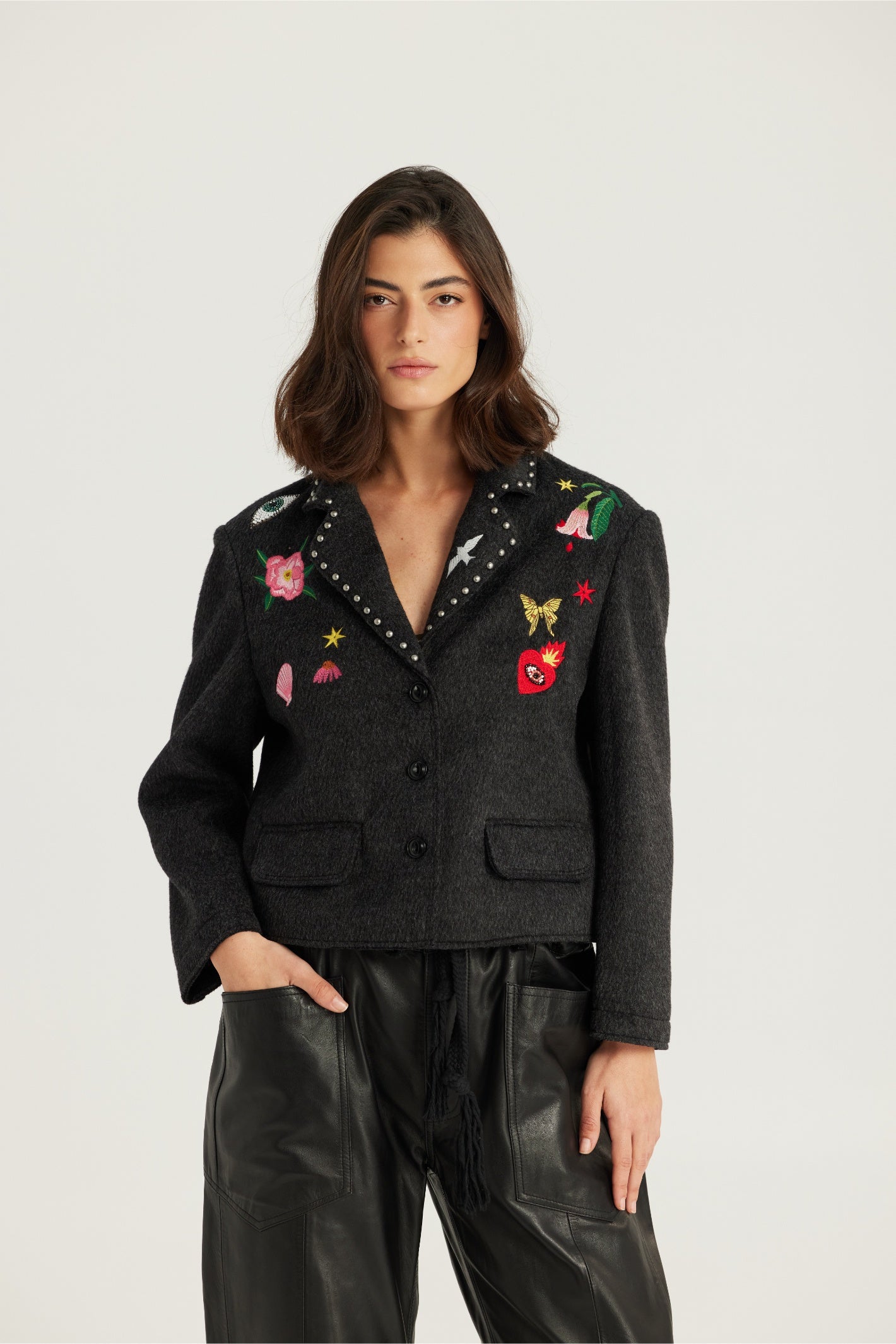 Shop the ME369 Heven Short Embroidered Jacket in Dark Grey at Dotique. A beautifully detailed cropped jacket with embroidered accents and a versatile relaxed fit.
