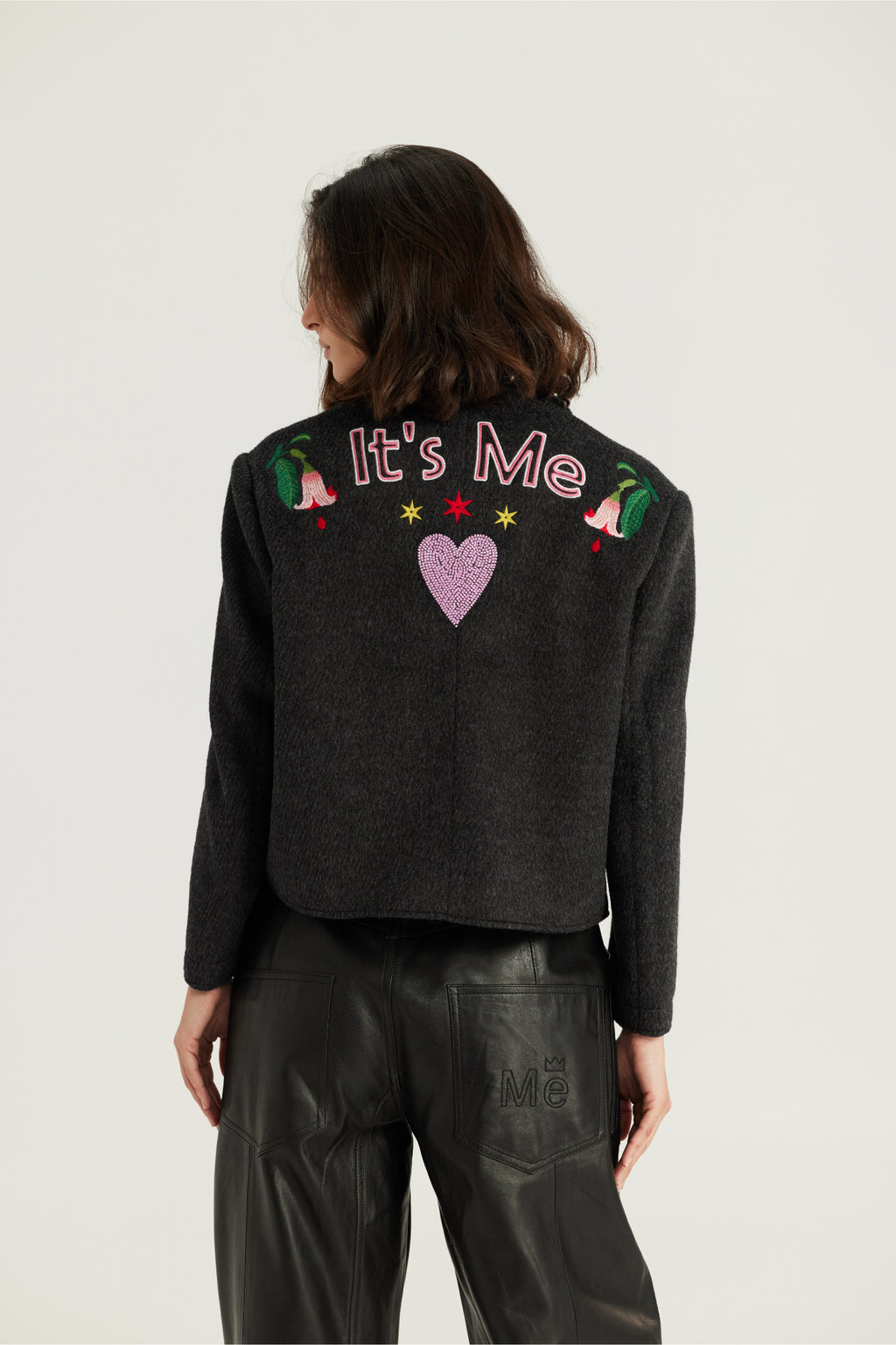 Shop the ME369 Heven Short Embroidered Jacket in Dark Grey at Dotique. A beautifully detailed cropped jacket with embroidered accents and a versatile relaxed fit.