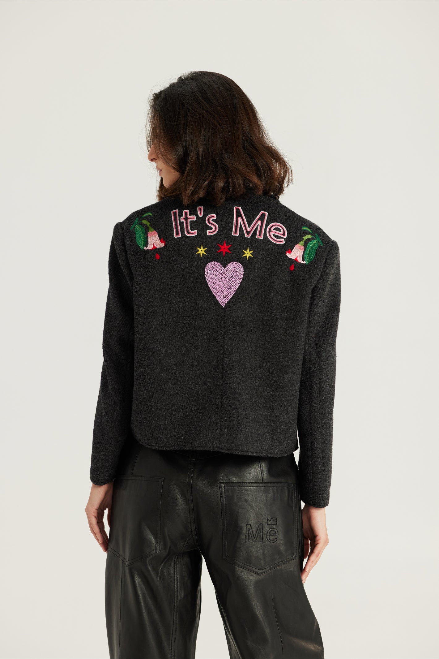 Shop the ME369 Heven Short Embroidered Jacket in Dark Grey at Dotique. A beautifully detailed cropped jacket with embroidered accents and a versatile relaxed fit.