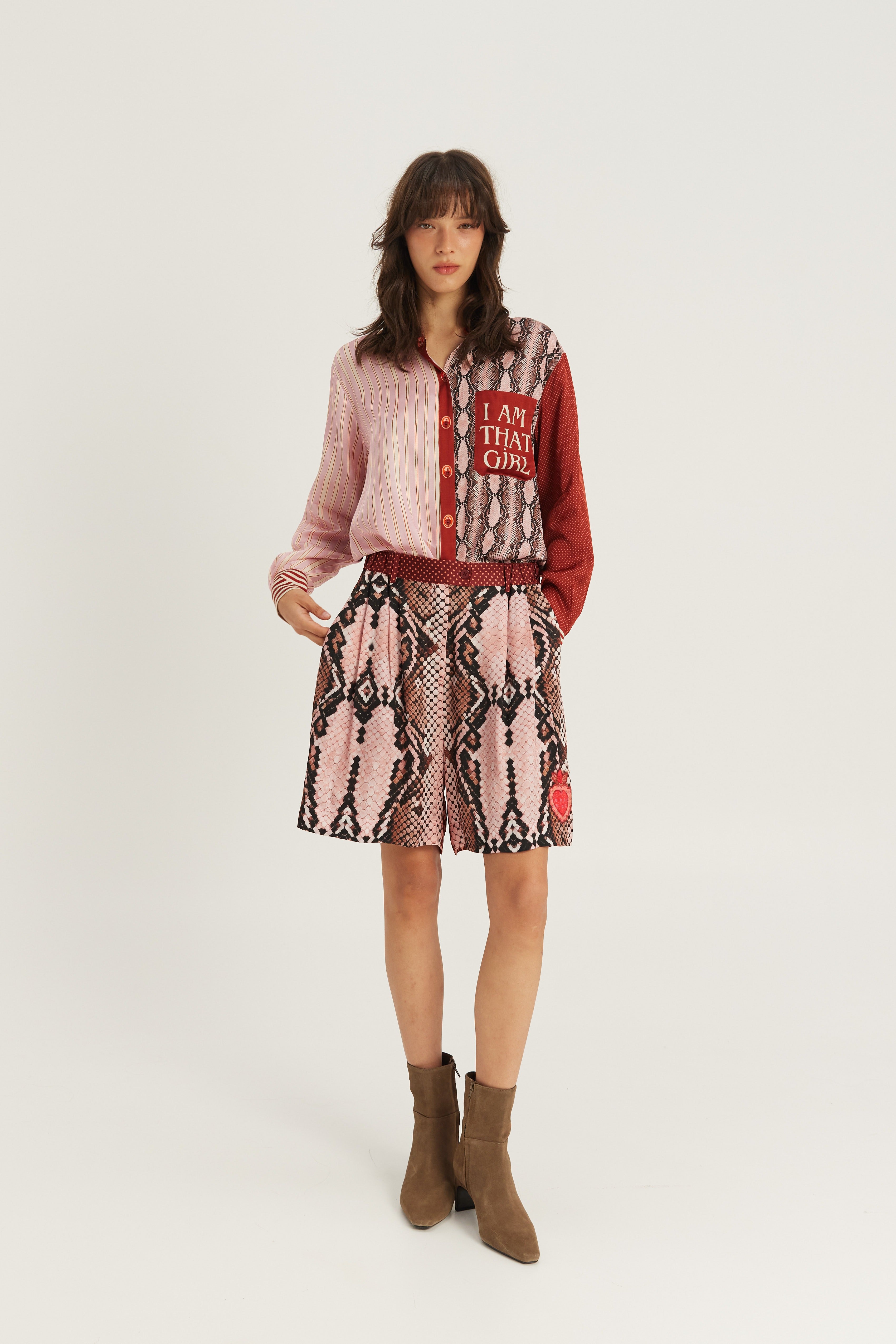Shop the ME369 Isabel Printed Shirt in Red Aura at Dotique. A relaxed printed shirt crafted from a soft viscose blend with signature ME369 patchwork detailing.