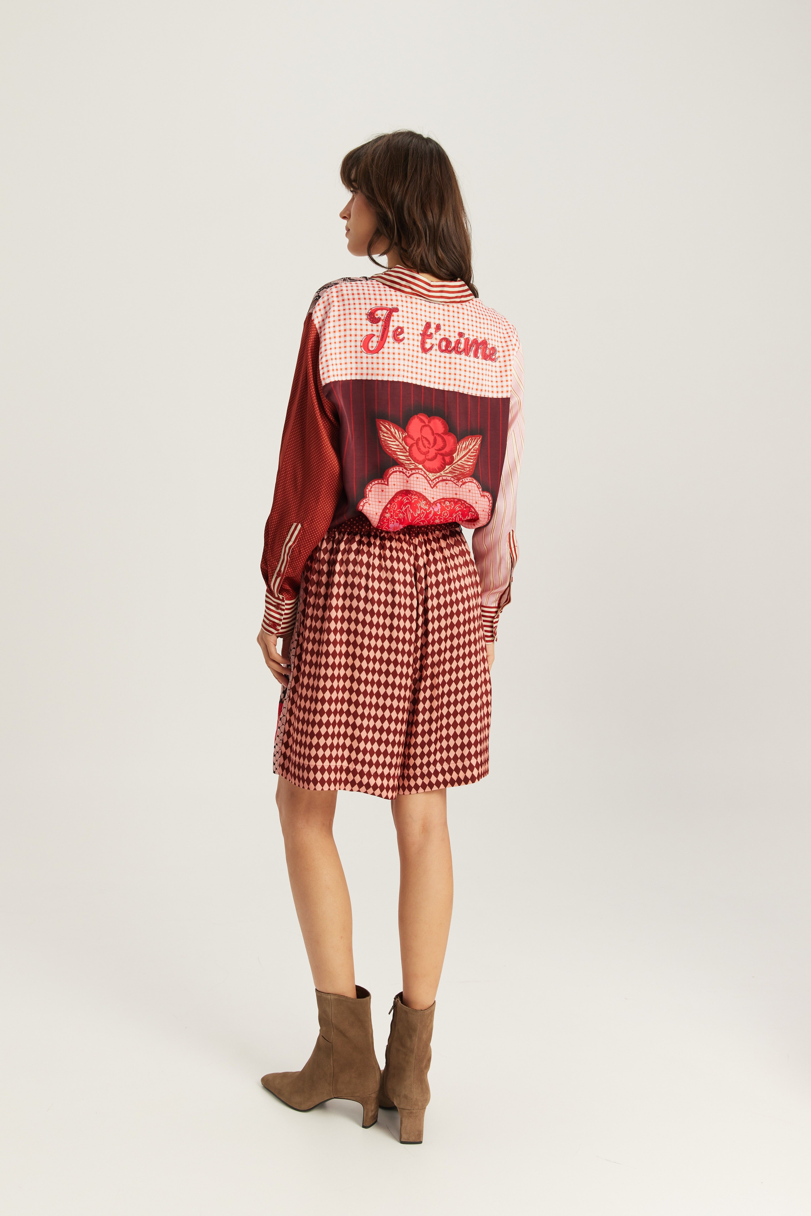 Shop the ME369 Isabel Printed Shirt in Red Aura at Dotique. A relaxed printed shirt crafted from a soft viscose blend with signature ME369 patchwork detailing.
