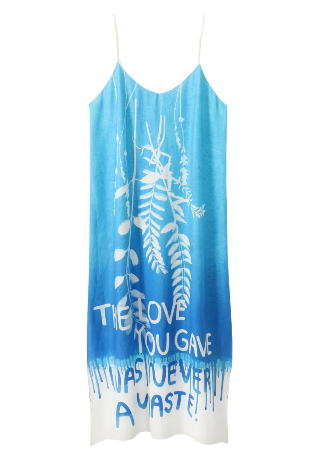 Front view of Me369 Olivia Camisole Indigo Dress featuring blue gradient and white botanical print by Me369 shop at Dotique
