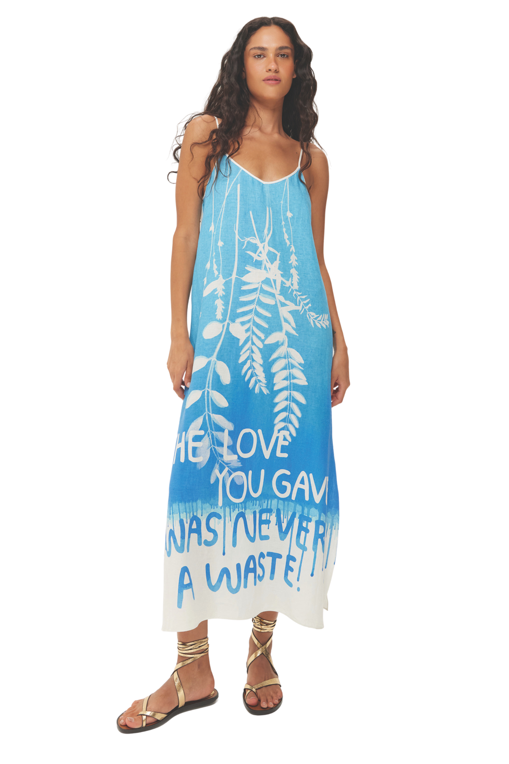 Front view of Me369 Olivia Camisole Indigo Dress with white botanical print by Me369, shop Me369 at Dotique