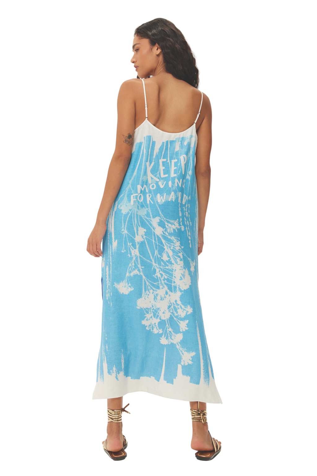 Back view of Me369 Olivia Camisole Indigo Dress with blue botanical print by Me369, shop Me369 at Dotique