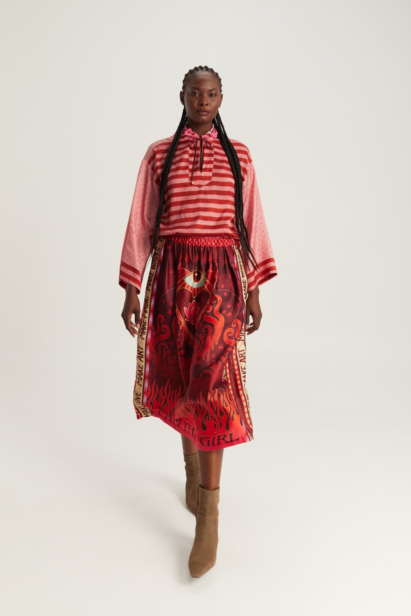 Shop the ME369 Vanessa Midi Skirt in Red Aura at Dotique. A flowing printed midi skirt in a soft viscose blend with signature ME369 artwork and effortless movement.