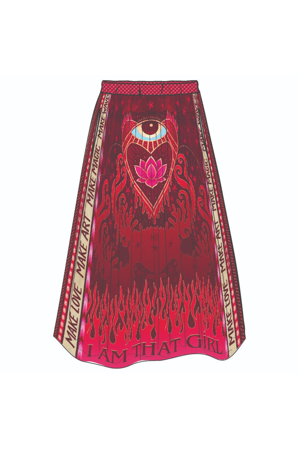 Shop the ME369 Vanessa Midi Skirt in Red Aura at Dotique. A flowing printed midi skirt in a soft viscose blend with signature ME369 artwork and effortless movement.