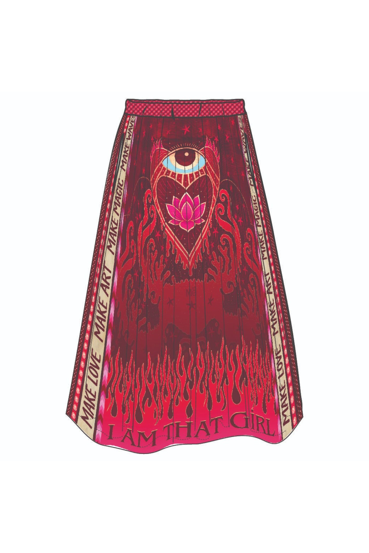 Shop the ME369 Vanessa Midi Skirt in Red Aura at Dotique. A flowing printed midi skirt in a soft viscose blend with signature ME369 artwork and effortless movement.