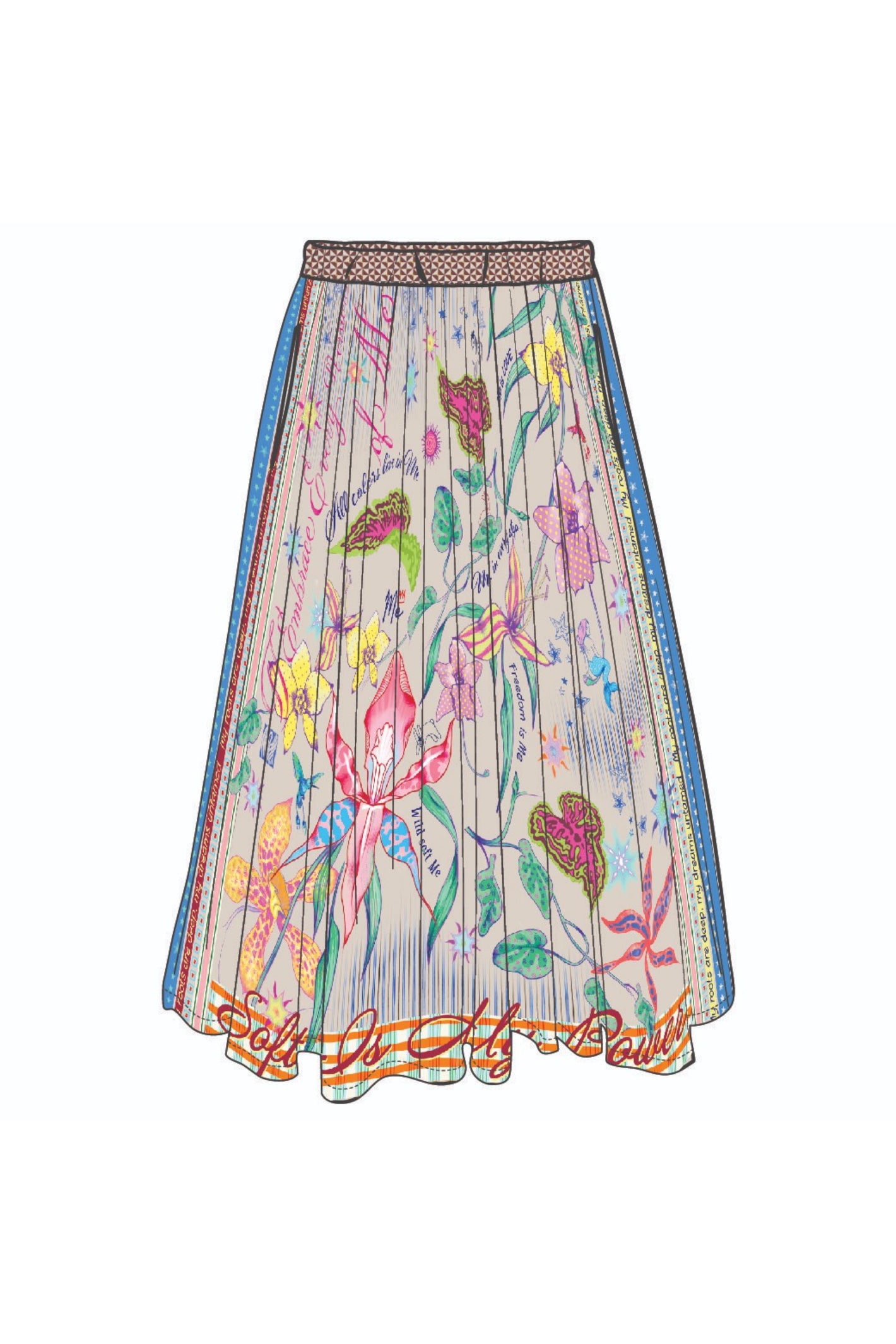 Shop the ME369 Vanessa Midi Skirt in Paradiso at Dotique. A flowing printed midi skirt in a soft viscose blend with colourful artwork and effortless movement.