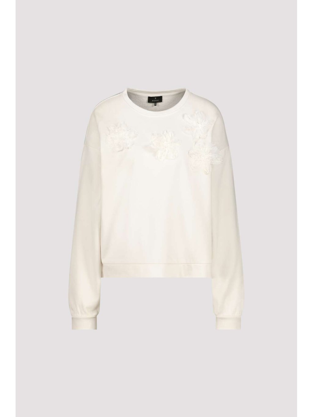 Monari 410427 Champagne Beige cotton sweatshirt floral appliqué front view at Dotique