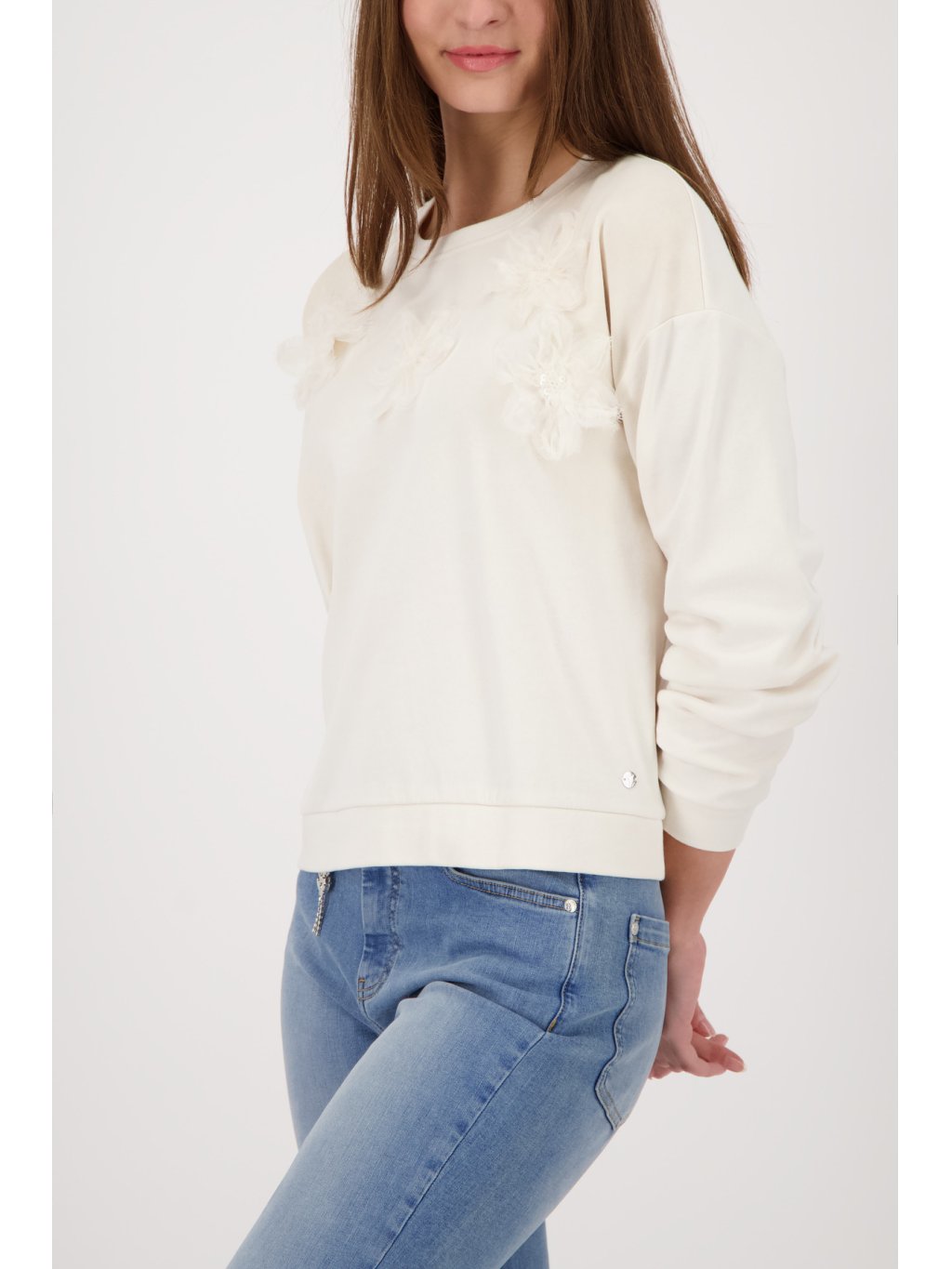 Side view of Monari 410427 Champagne Beige 3D floral sweatshirt at Dotique
