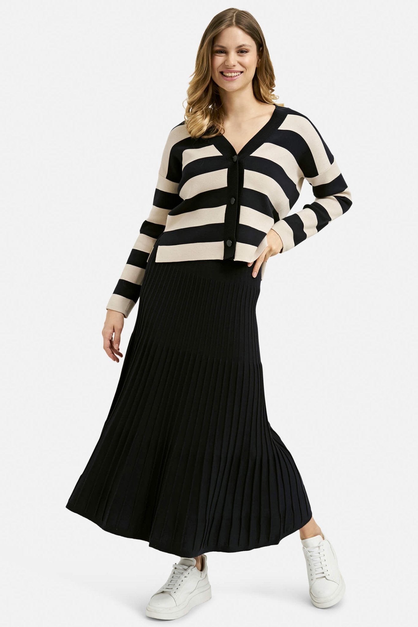 Milano 33-5048-9719 Navy Cream Stripe Button Front Cardigan - Dotique Chesterfield