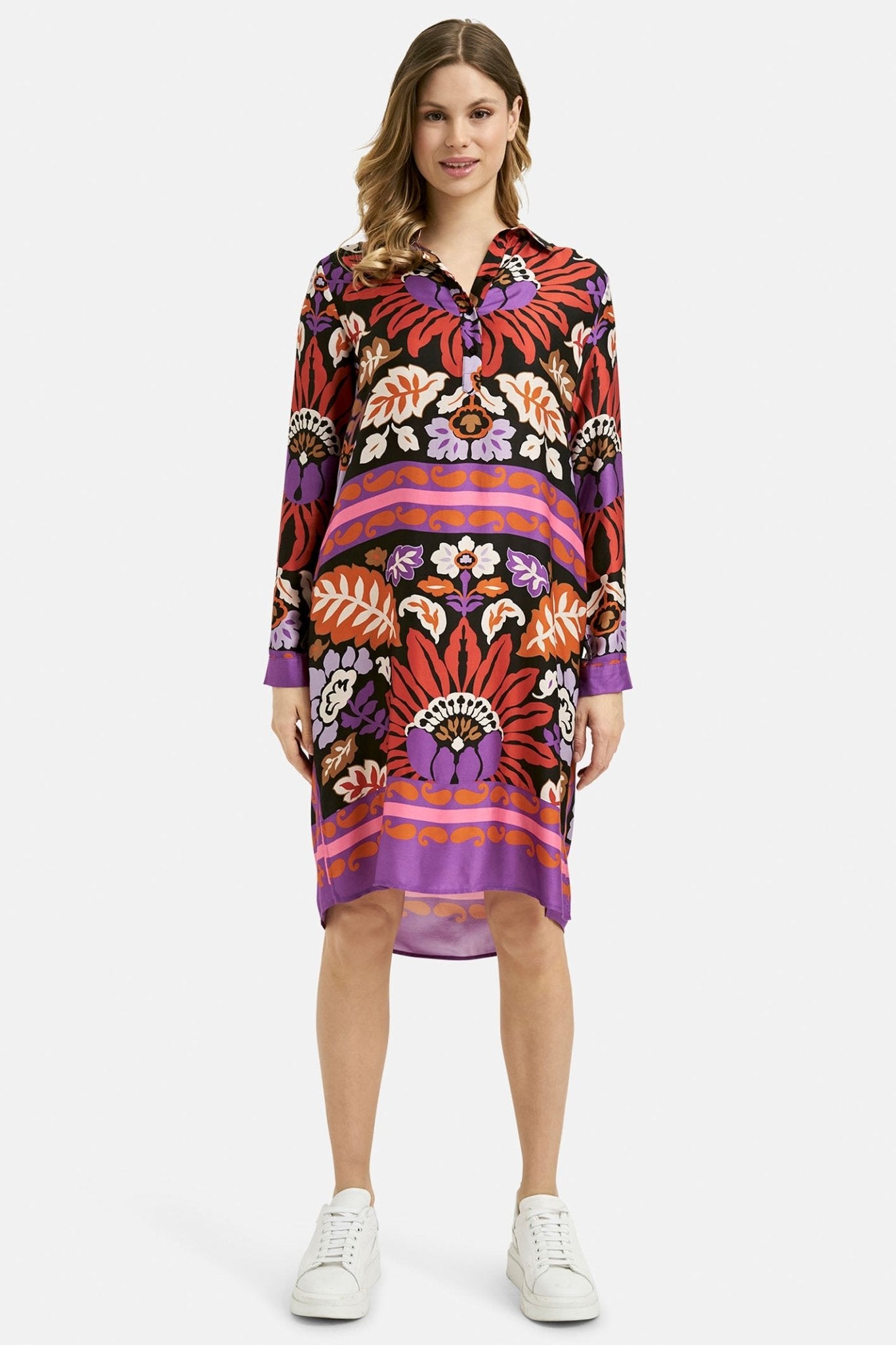 Milano 33-6130-5046 Black Floral Print Half Placket Shirt Dress - Dotique