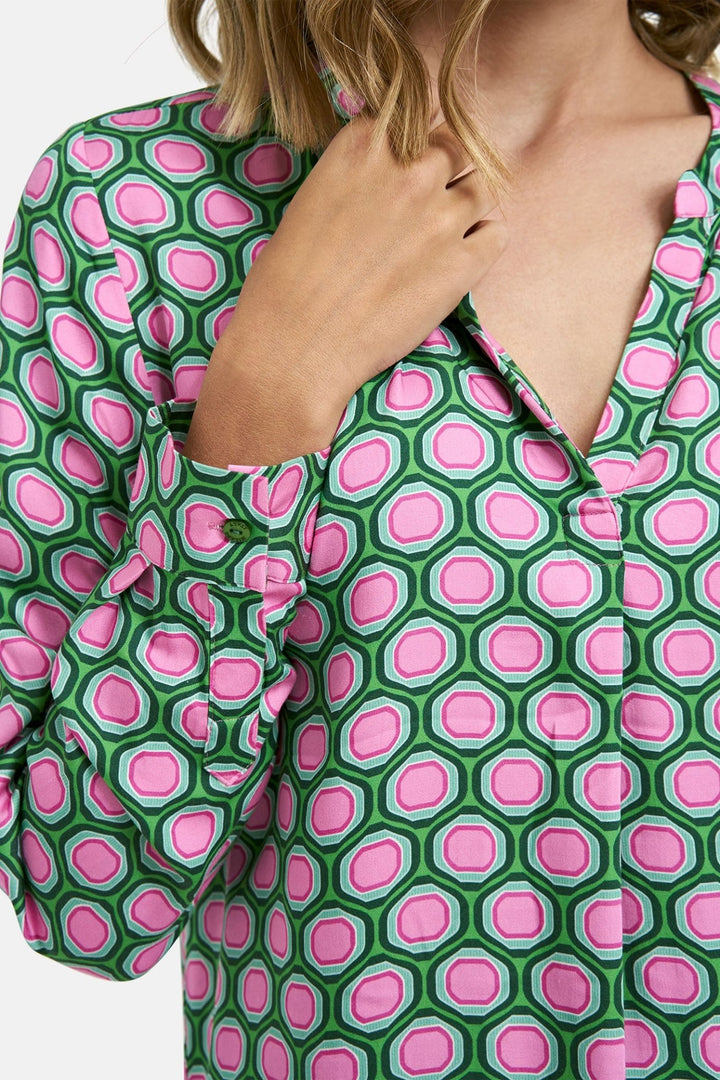 Milano 41-6240-3581 Kiwi Green Geometric Print Collarless Blouse - Dotique