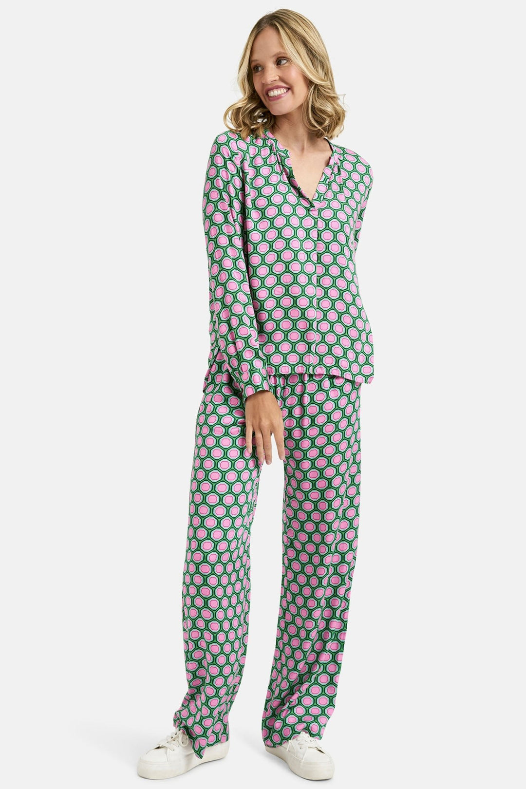 Milano 41-6240-3581 Kiwi Green Geometric Print Collarless Blouse - Dotique