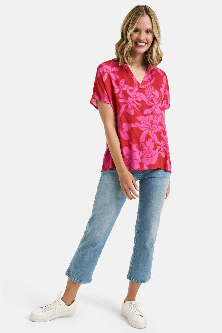Milano 41-6249-7018 Pink Flower Print V-Neck Blouse Top - Dotique