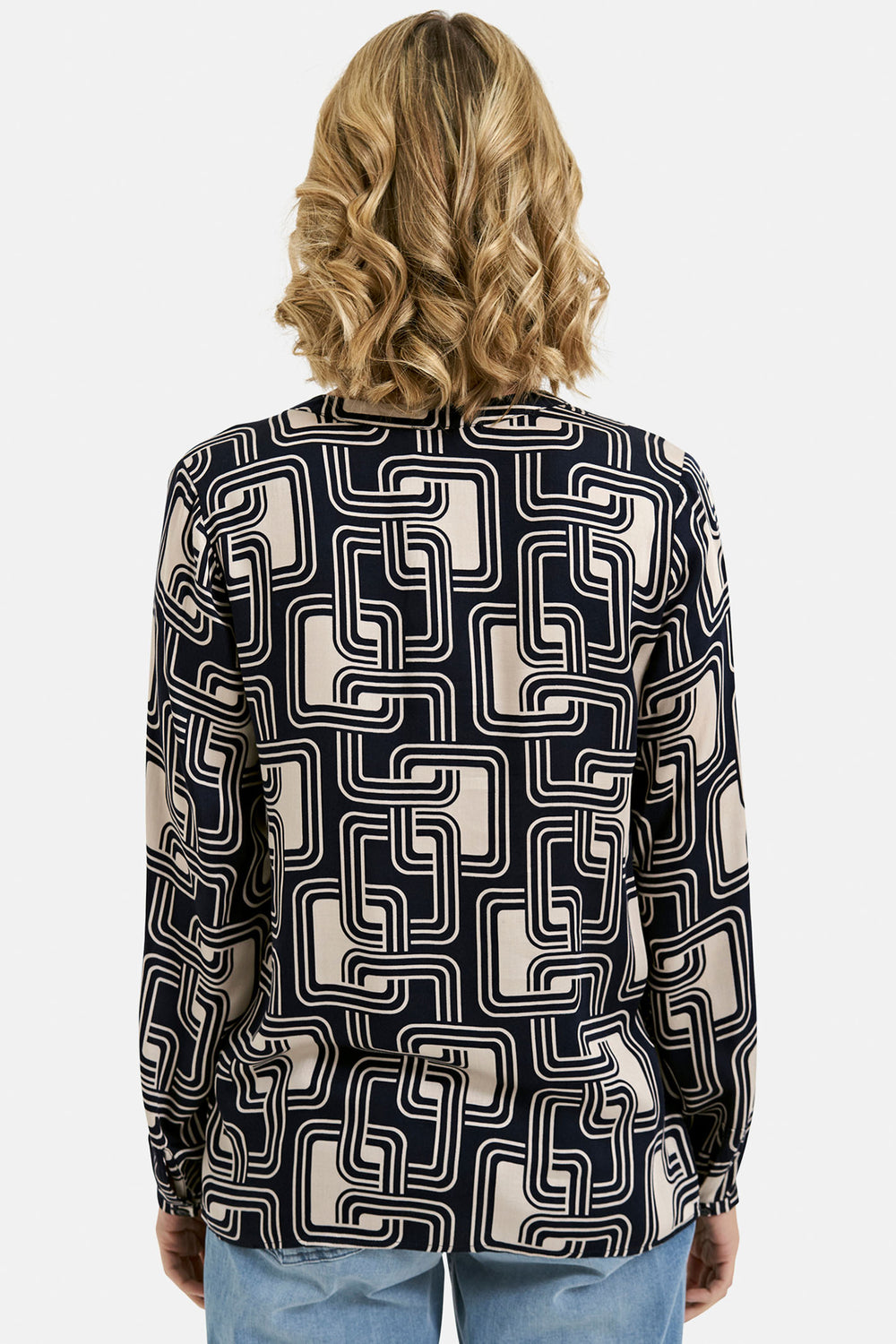 Milano 43-6386-3061 Navy Print V-Neck Blouse with Pleat at Cuff - Dotique