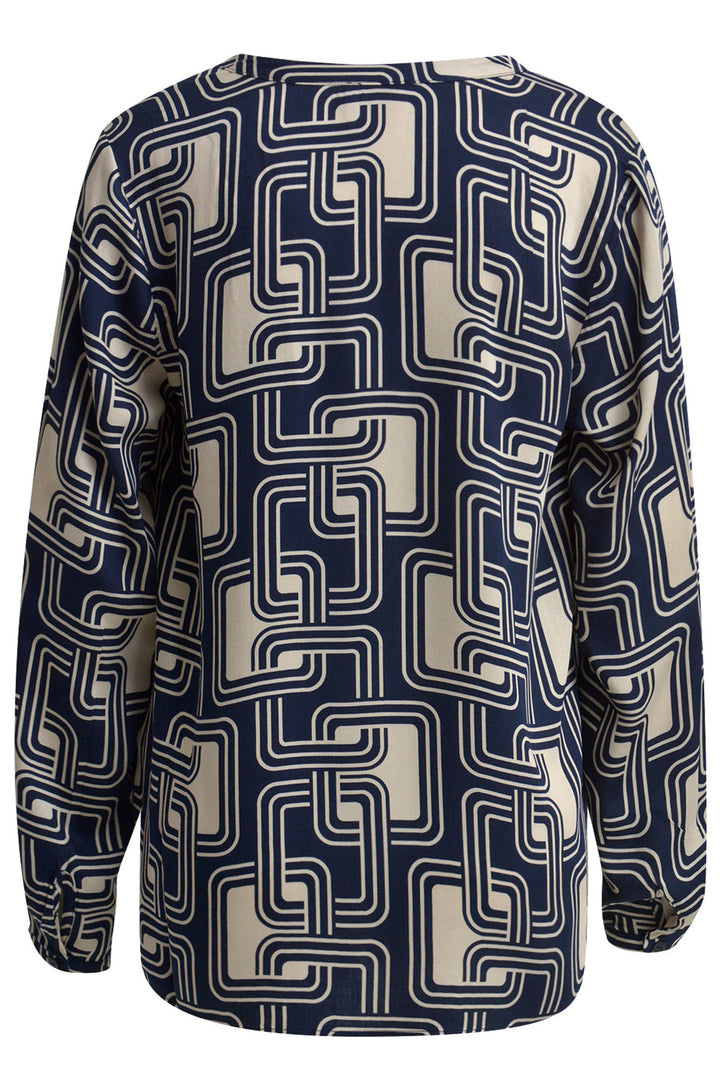 Milano 43-6386-3061 Navy Print V-Neck Blouse with Pleat at Cuff - Dotique