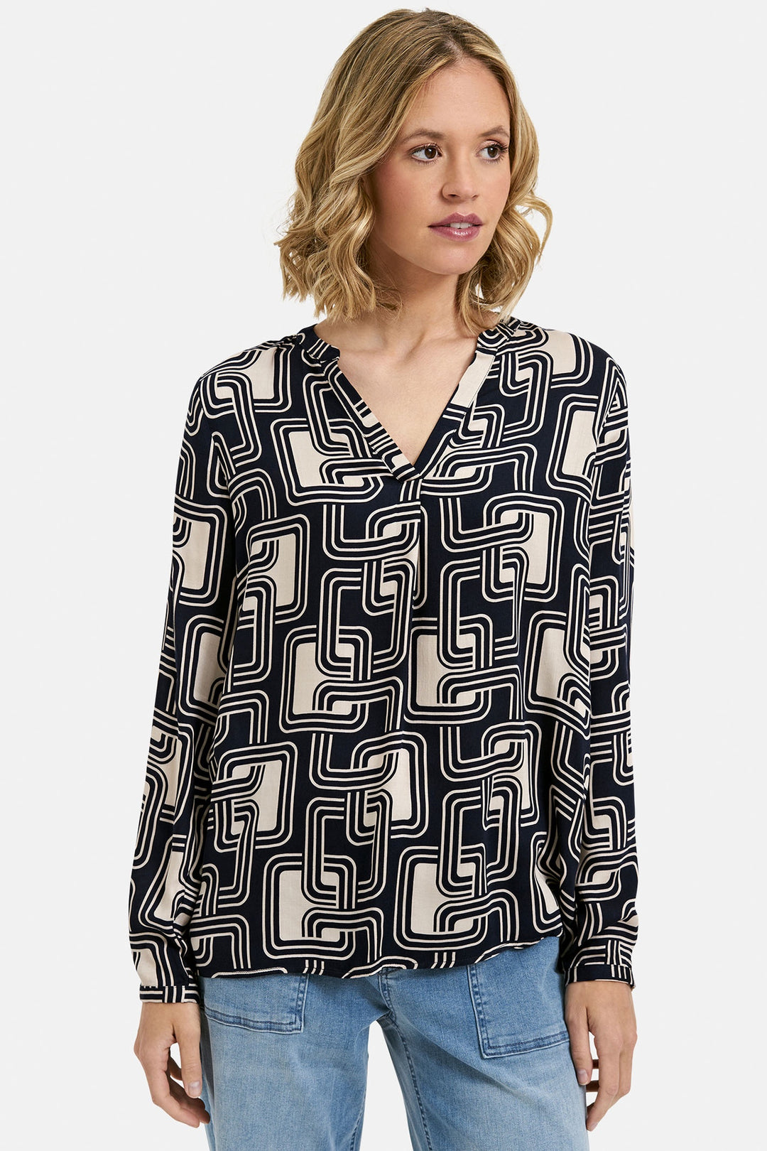 Milano 43-6386-3061 Navy Print V-Neck Blouse with Pleat at Cuff - Dotique