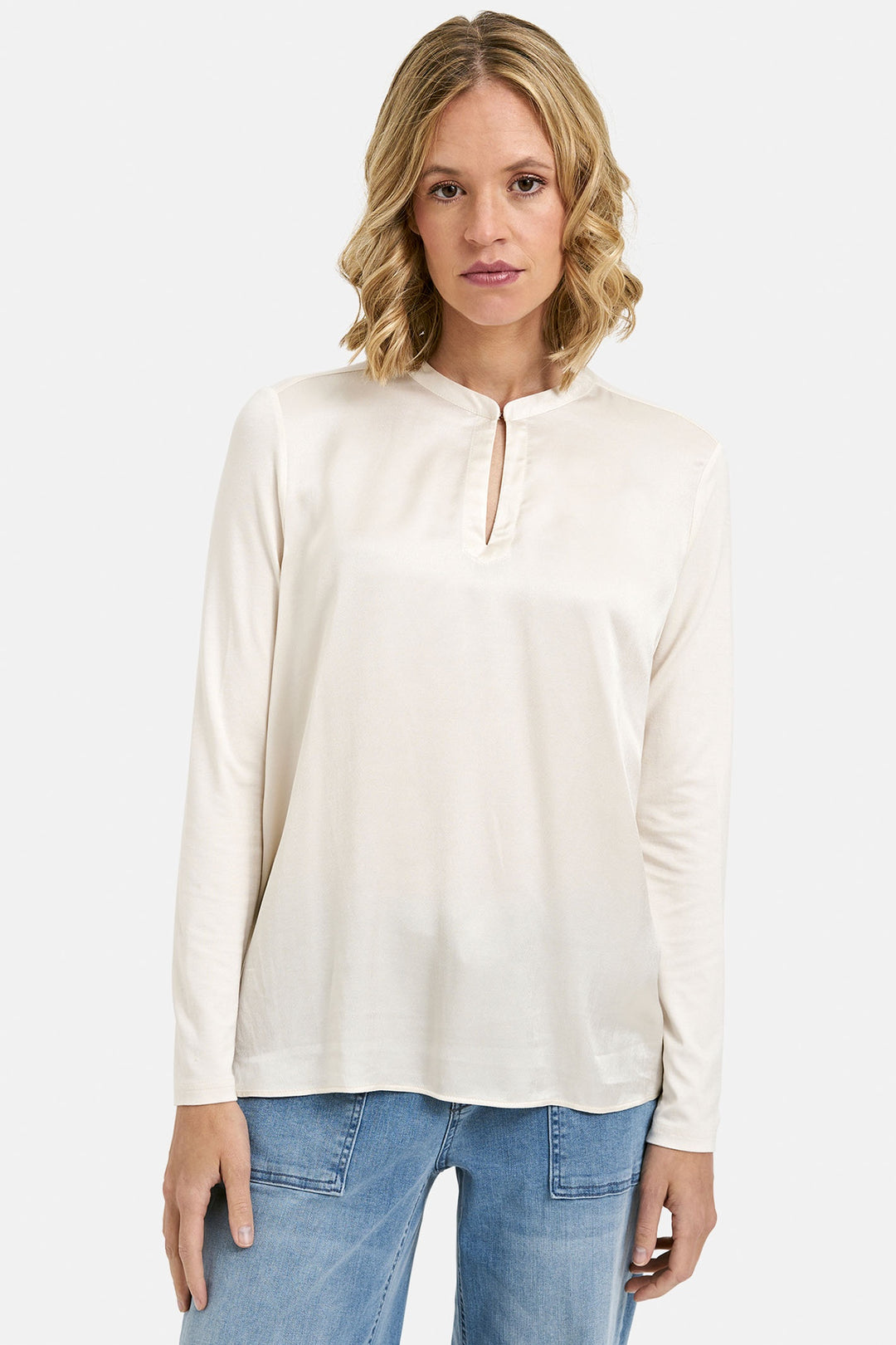 MILANO 43-6976-8572 Cream Longsleeve Roundneck Blouse Slit Cuff - Dotique