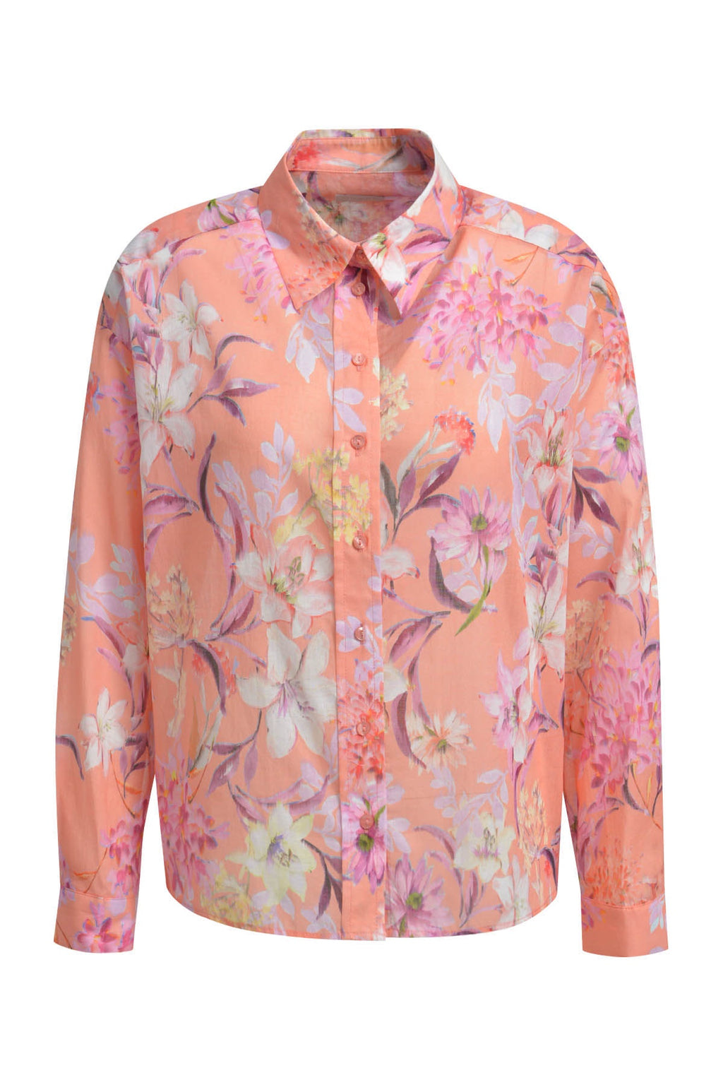 A relaxed Milano shirt blouse with an oversized fit and soft peach print. Designed with long sleeves and a lightweight cotton fabric, it’s an easy piece for everyday wear.
