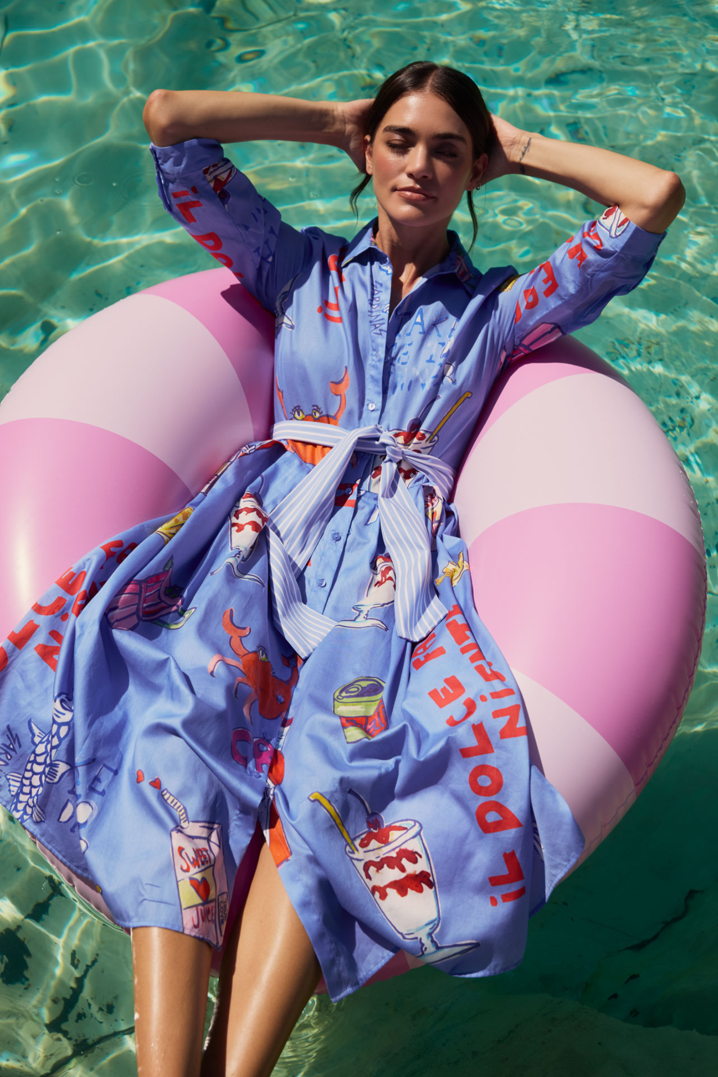 Woman wearing Milano 61-2432-1371 Ocean Print Shirt Dress with Wide Midi Skirt by MILANO shop the vendor at Dotique