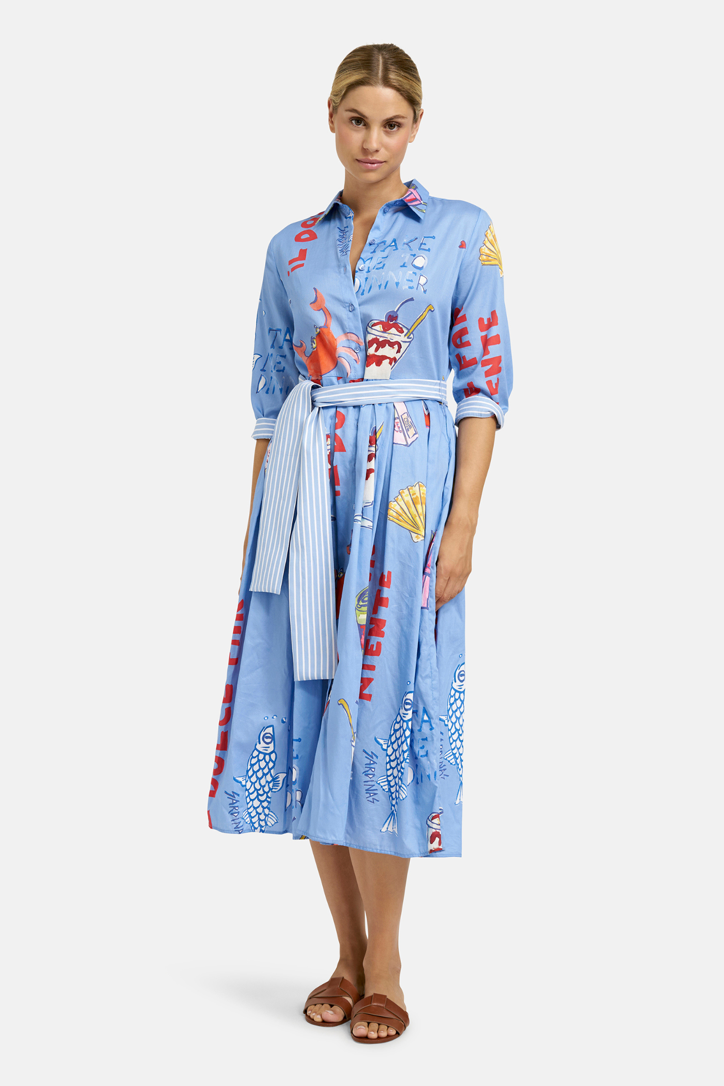 Milano 61-2432-1371 Ocean Print Shirt Dress with Wide Midi Skirt by MILANO, shop the vendor at Dotique online store.