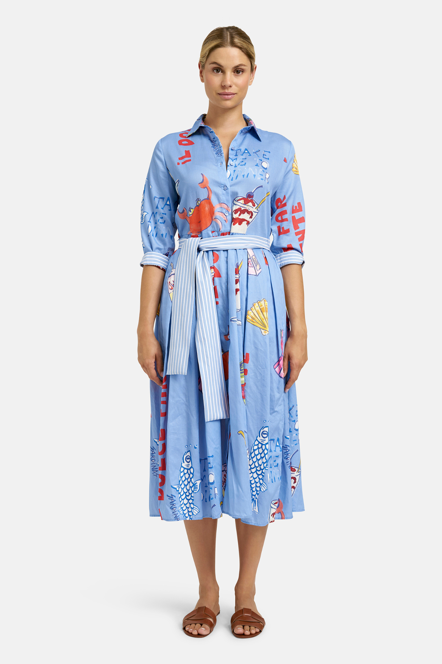 Front view of Milano 61-2432-1371 Ocean Print Shirt Dress with Wide Midi Skirt by MILANO shop the vendor at Dotique