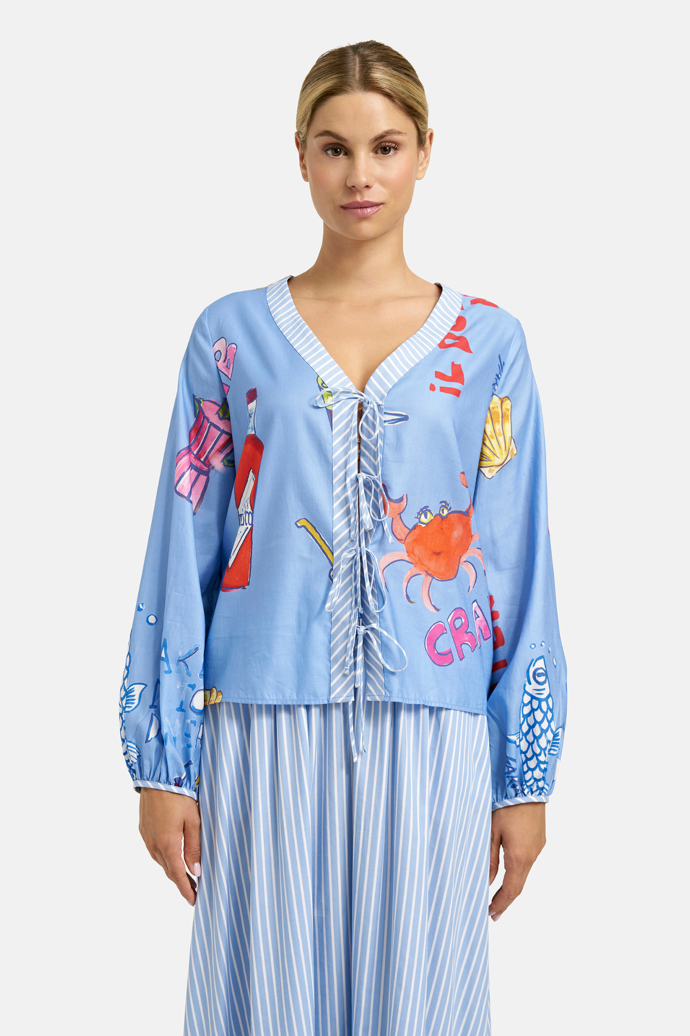 Milano 61-2432-3748 Ocean Print V-Neck Blouse with Bow Placket