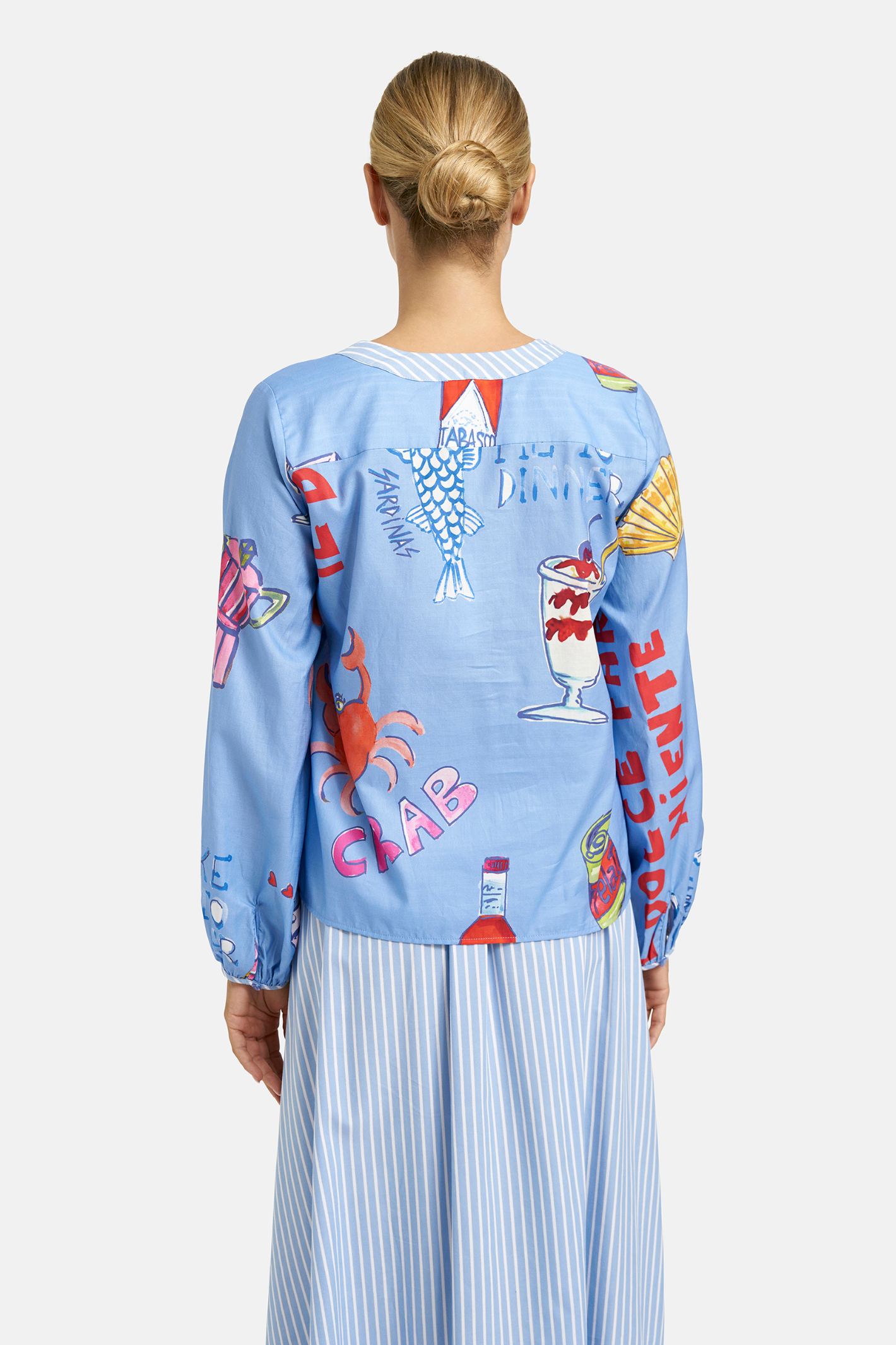 Back view of Milano 61-2432-3748 Ocean Print V-Neck Blouse with Bow Placket by MILANO, shop MILANO at Dotique.