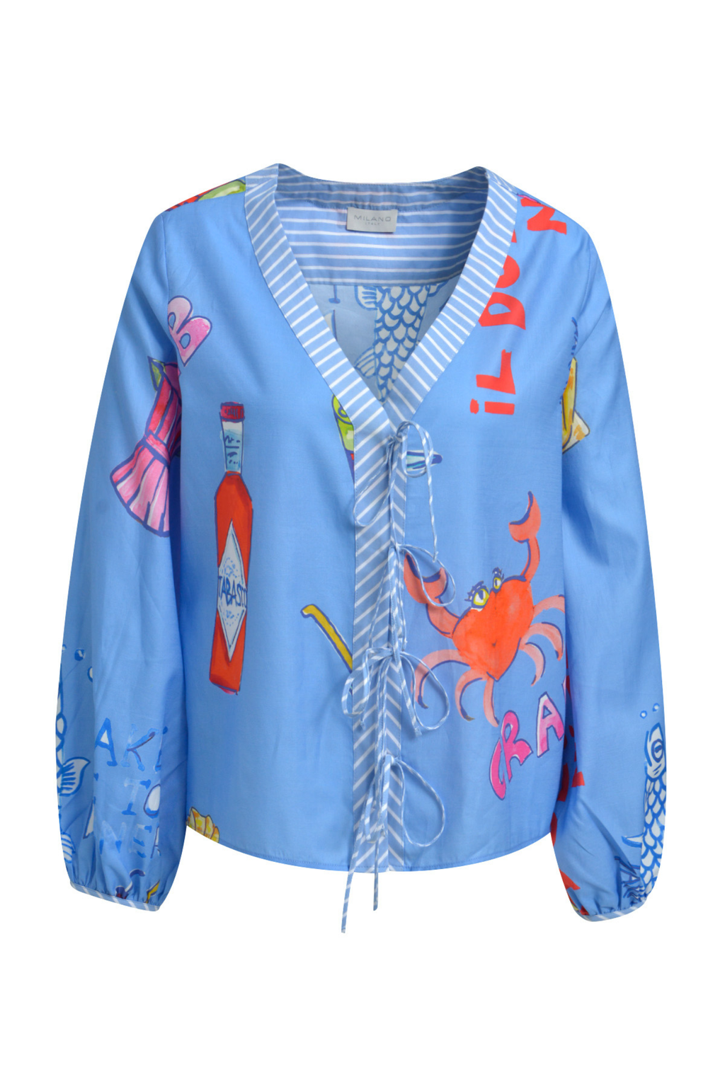 Milano 61-2432-3748 Ocean Print V-Neck Blouse with Bow Placket