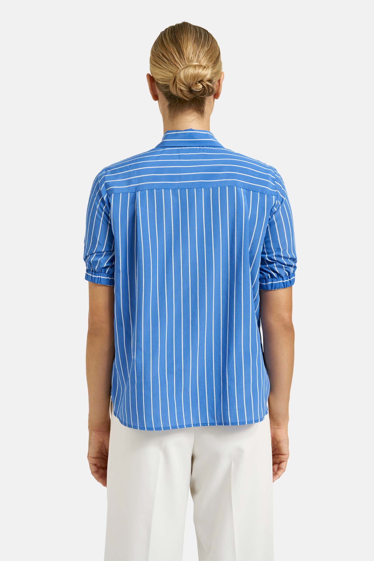 Back view of Milano 61-4839-6089 Shirt Blouse with Bow Placket – Blue Print by MILANO, shop MILANO at Dotique