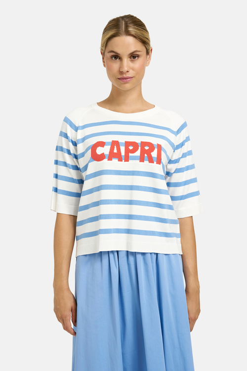 Model wearing Milano 61-5048-9111 Capri Blue & White Stripe Jumper with Red Print (1604) by MILANO Shop at Dotique