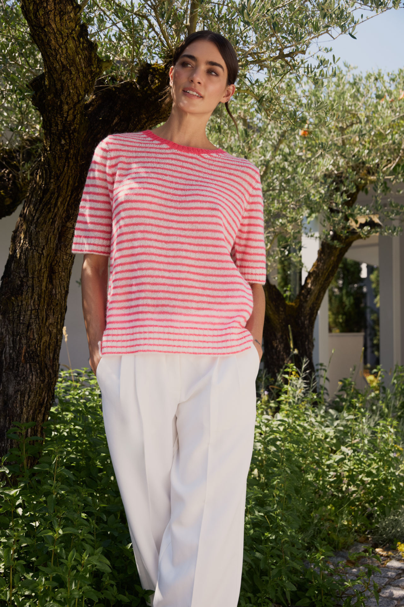 Milano 61-5138-9898 Fitted Half-Sleeve Round Neck Jumper – Cream Print