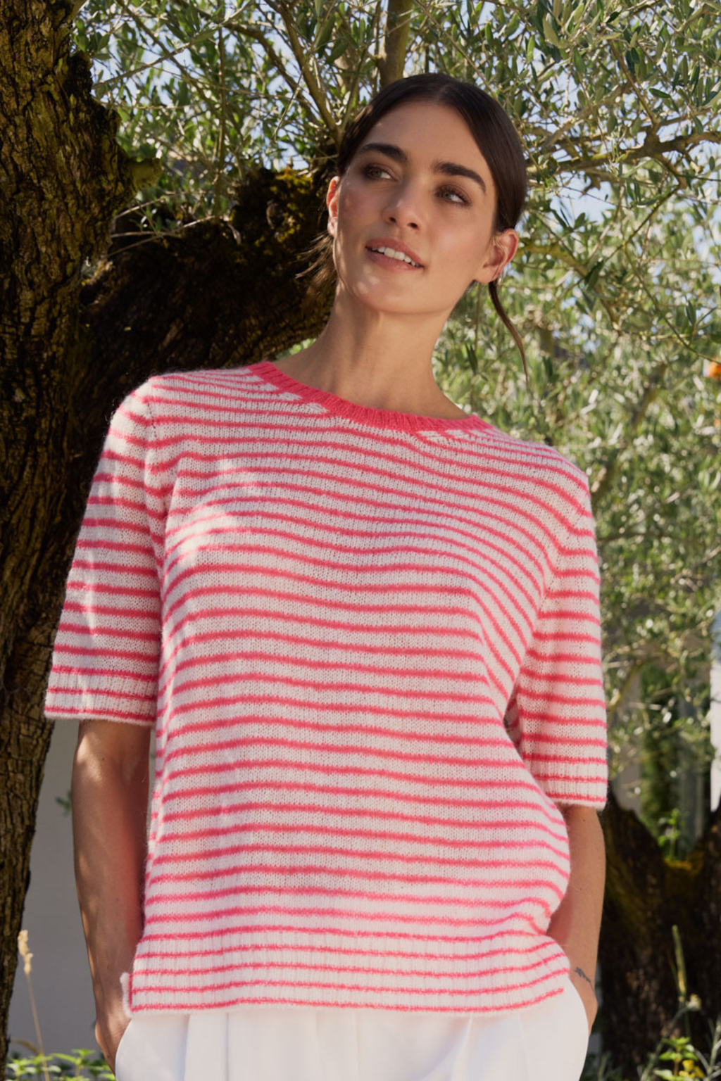 Milano 61-5138-9898 Fitted Half-Sleeve Round Neck Jumper – Cream Print