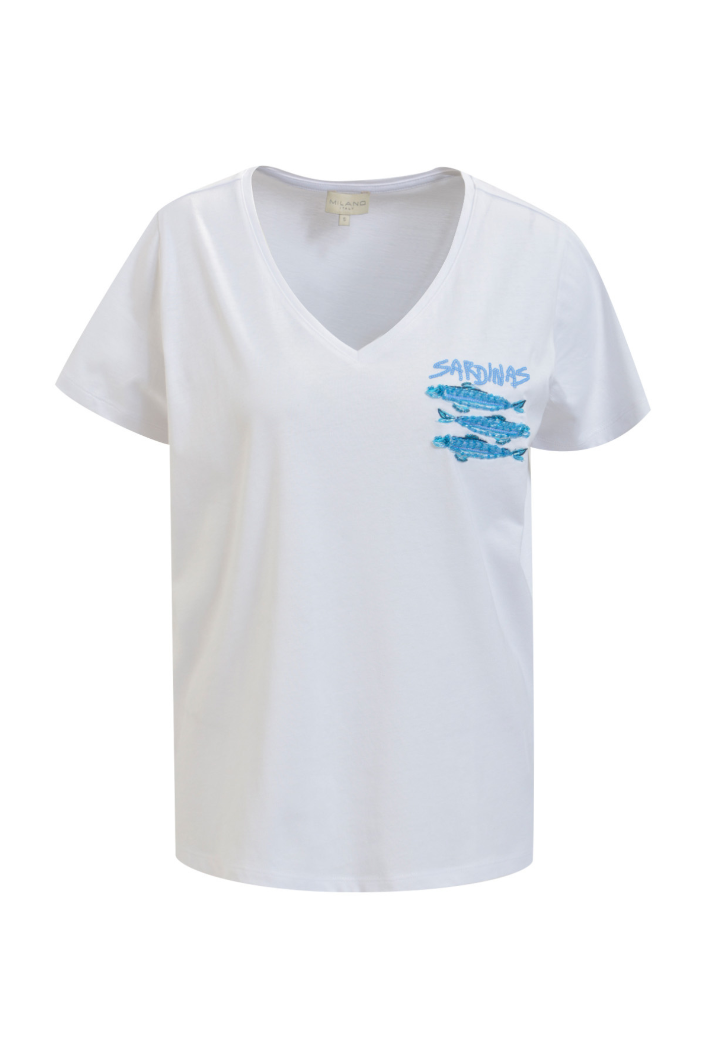 Milano 61-5604-8674 White V-Neck T-Shirt with Sardines Embroidered Detail