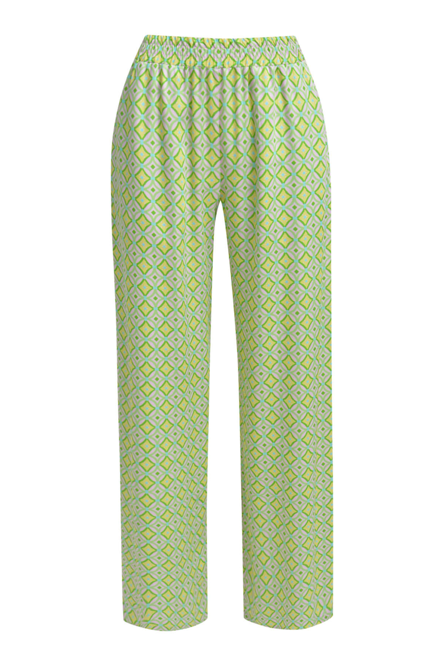 Front view of Milano 61-6513-2279 Wide-Leg Trousers with Elastic Waist – Kiwi Print by MILANO, shop MILANO at Dotique