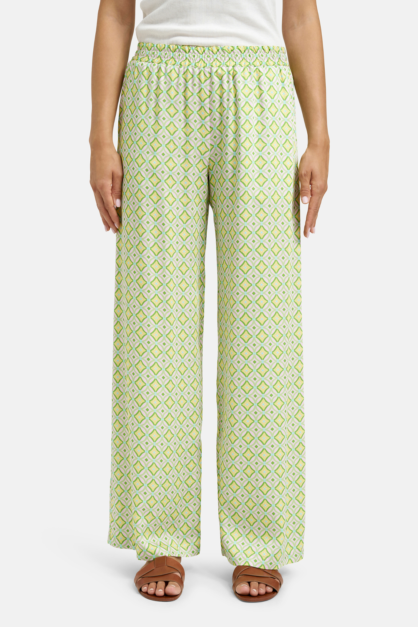 Front view of Milano 61-6513-2279 Wide-Leg Trousers with Elastic Waist – Kiwi Print by MILANO, shop MILANO at Dotique