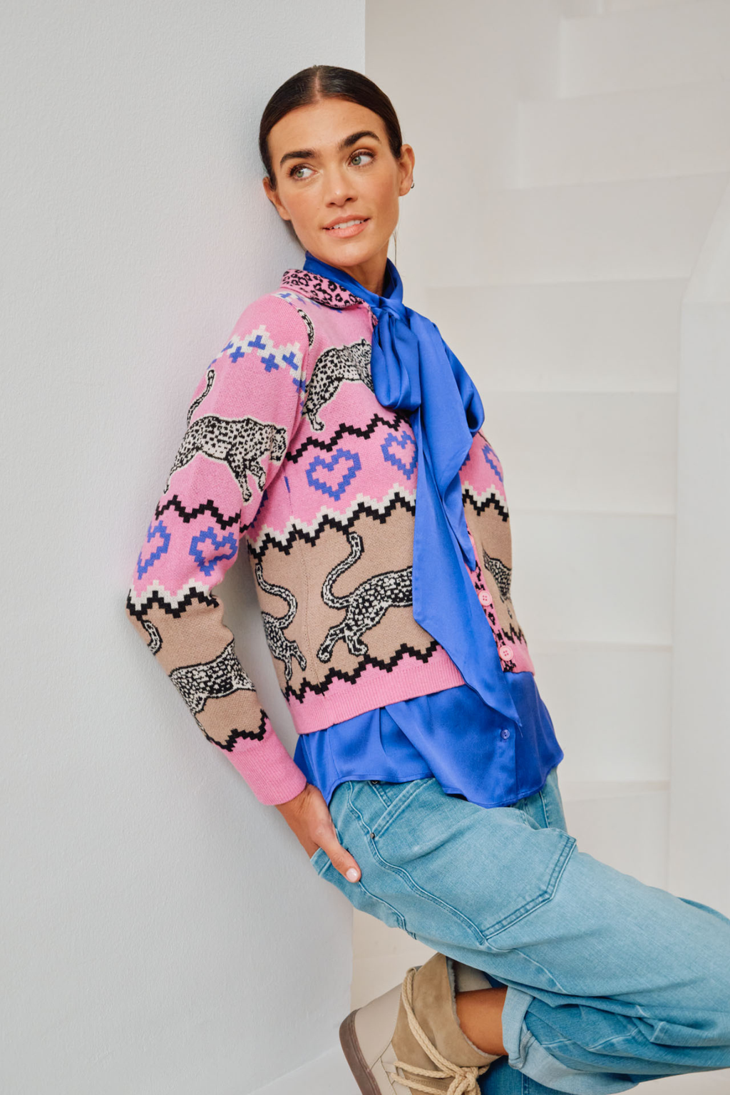 Milano 63-5280-9225 Light Fuchsia Leopard Heart Cashmere Blend Cardigan by MILANO Shop MILANO at Dotique