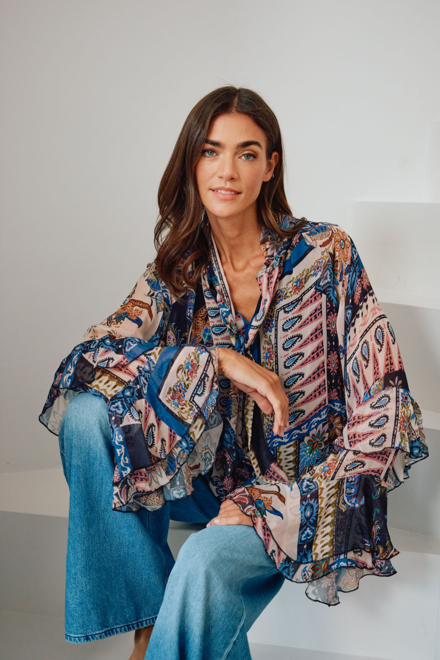 Milano 63-6554-3781 Navy Paisley Print Tie Neck Blouse