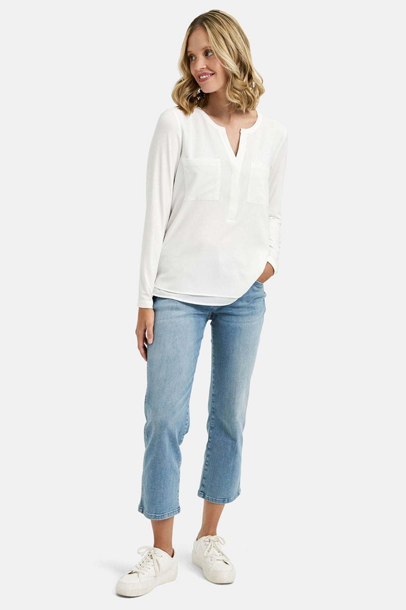 Milano 99-7401-8156-7 Off White Split Neck Blouse - Dotique