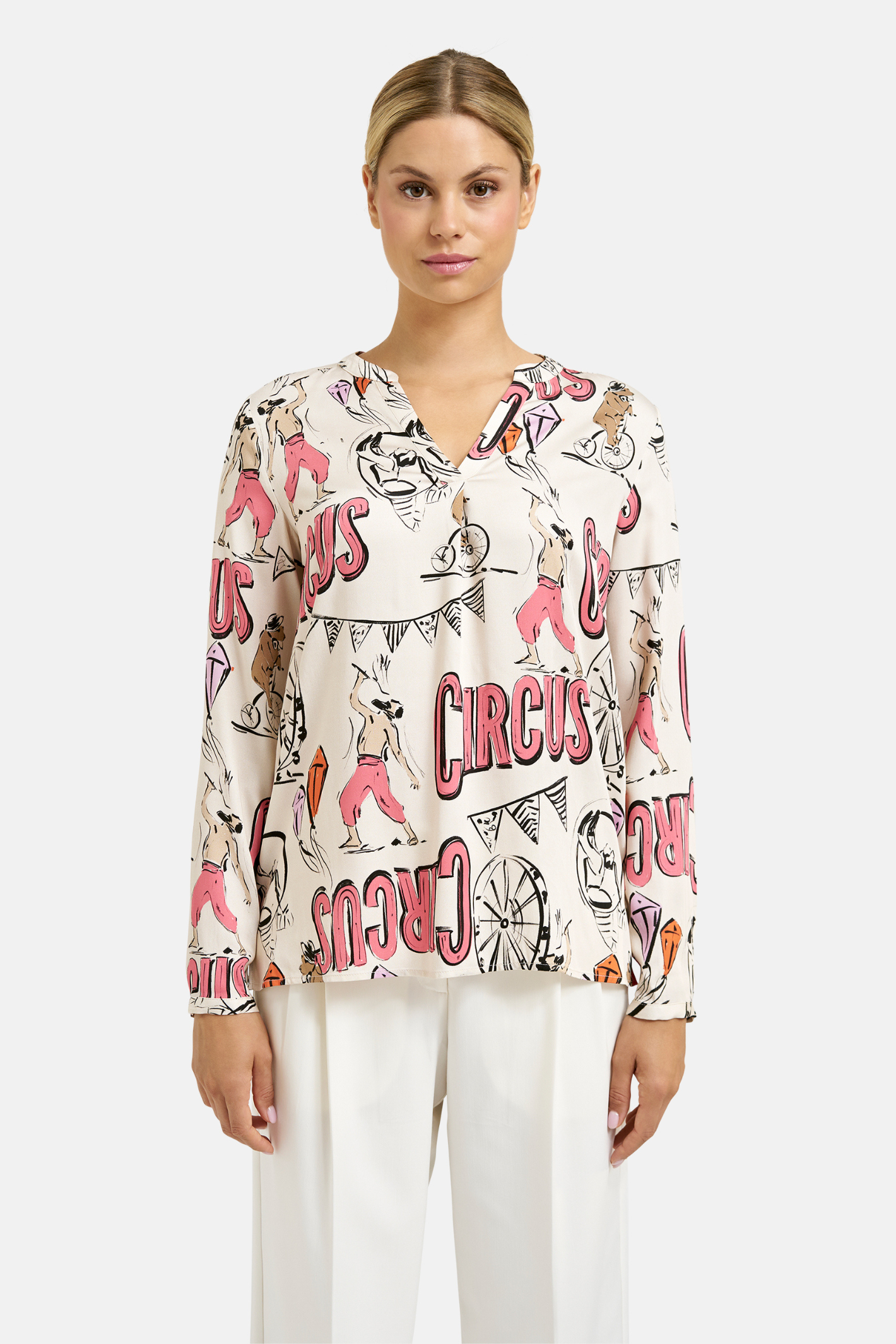 Milano Italy 61-6506-3061 Cream Print V-Neck Blouse by MILANO, shop MILANO at Dotique for stylish prints.