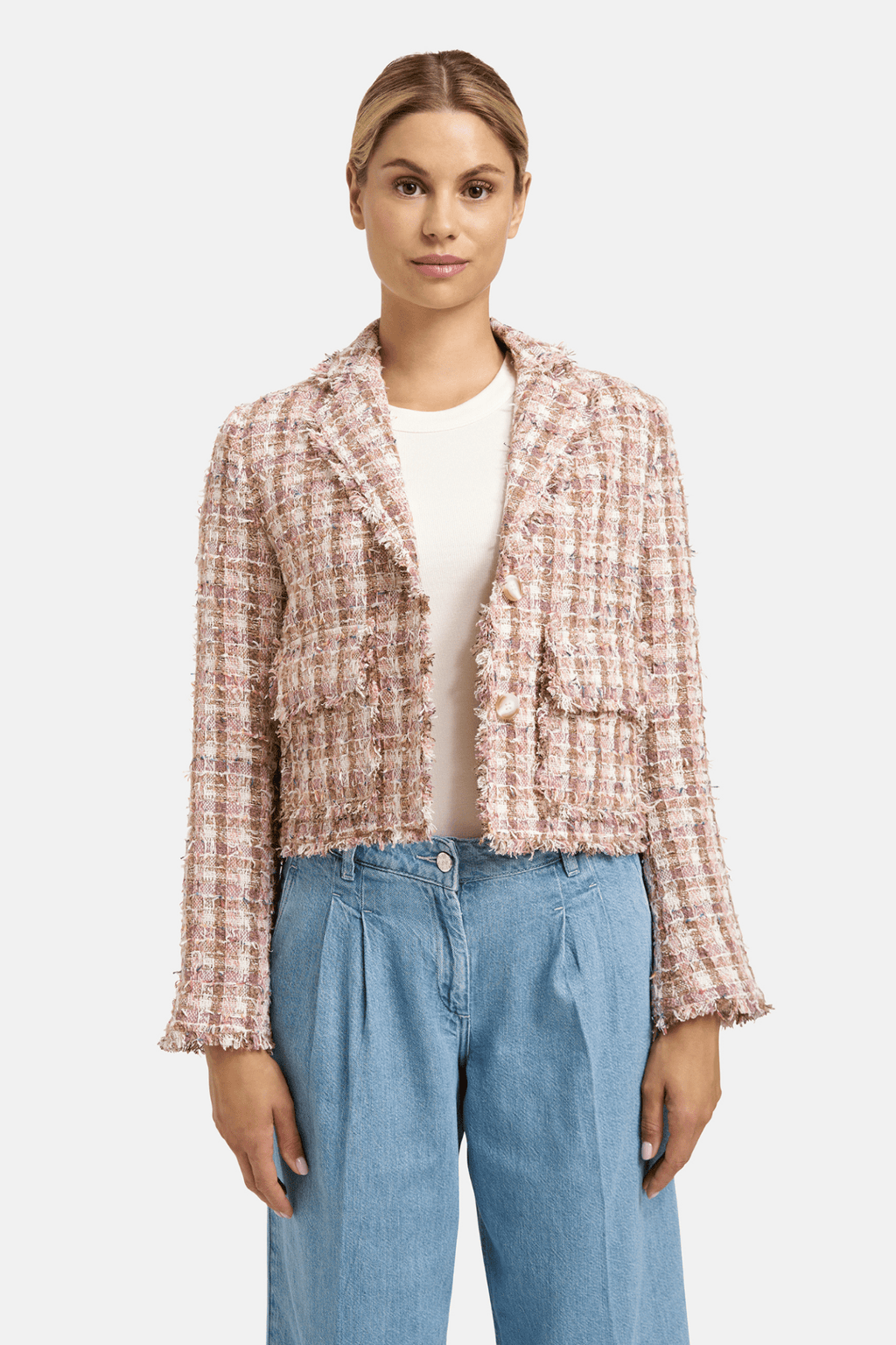 Milano Italy bouclé jacket in Coffee Mix with textured woven finish, subtle metallic thread and soft structured shape.