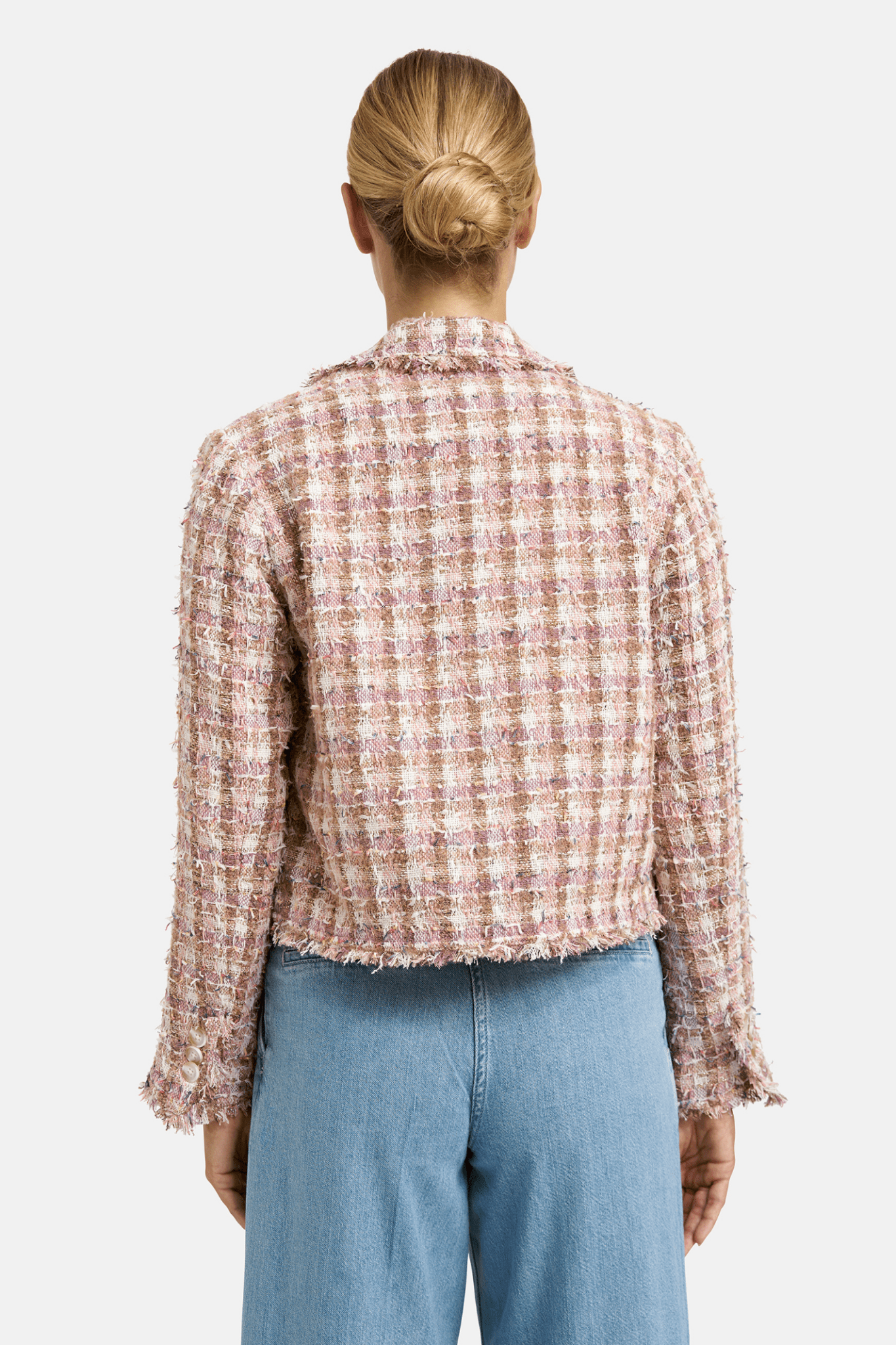 Milano Italy bouclé jacket in Coffee Mix with textured woven finish, subtle metallic thread and soft structured shape.