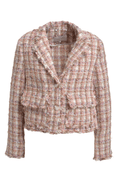 Milano Italy bouclé jacket in Coffee Mix with textured woven finish, subtle metallic thread and soft structured shape.