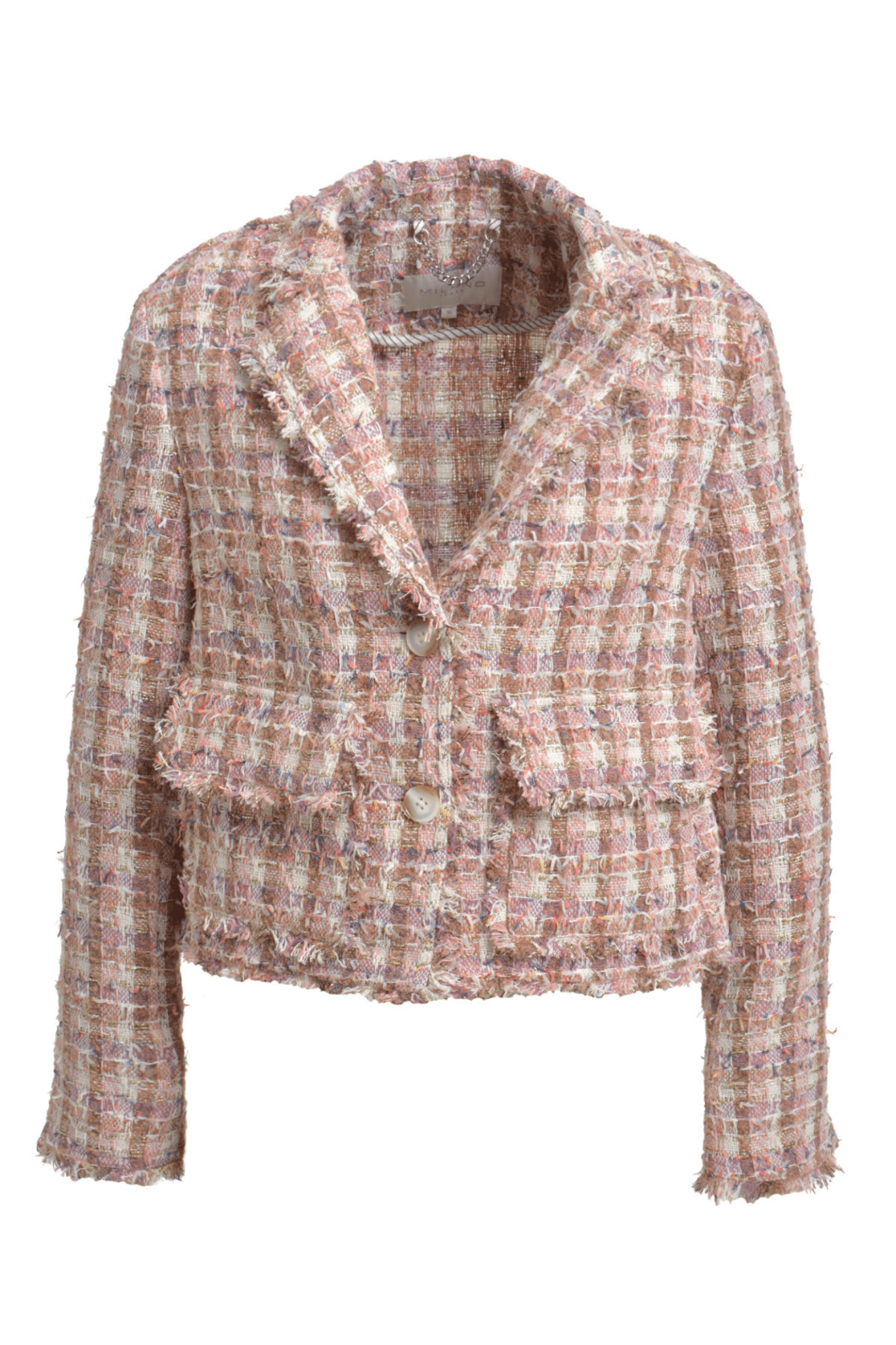 Milano Italy bouclé jacket in Coffee Mix with textured woven finish, subtle metallic thread and soft structured shape.