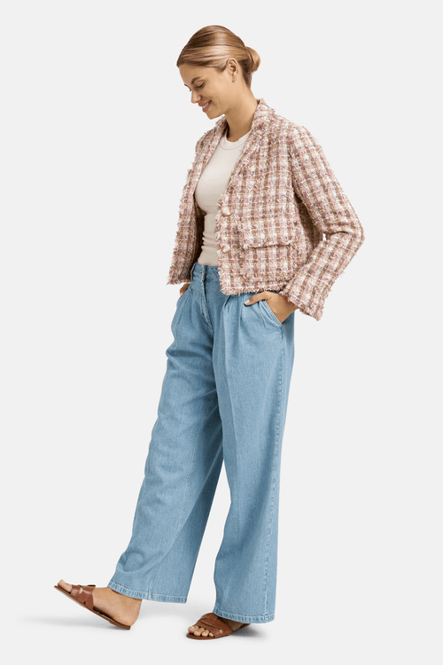 Milano Italy bouclé jacket in Coffee Mix with textured woven finish, subtle metallic thread and soft structured shape.