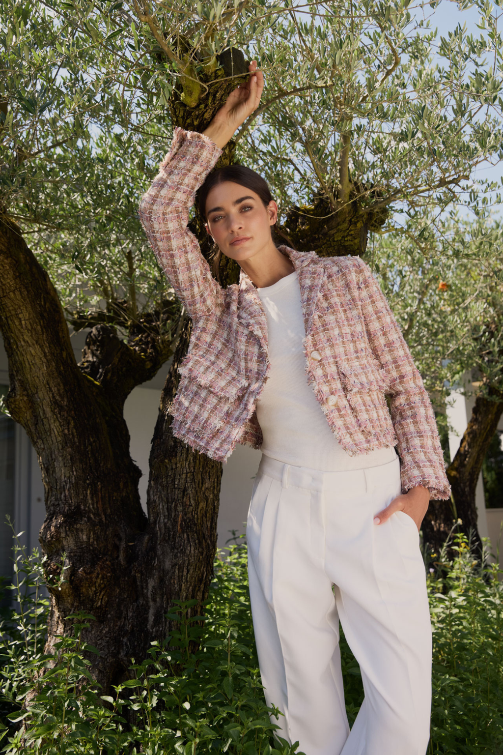 Milano Italy bouclé jacket in Coffee Mix with textured woven finish, subtle metallic thread and soft structured shape.